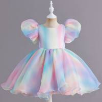 Girls gradient puff sleeve princess dress children's performance fluffy mesh dress (colorful gradient large goods cutting color is not uniform)  multicolor