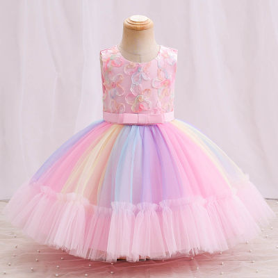 Girls' color matching first birthday puffy dress embroidered bow mesh princess dress