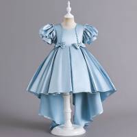 Kid Girl Solid Color Bowknot Decor Short Puff Sleeve Dress  Light Blue
