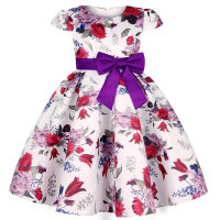 Kid Girl Rose Print Bowknot Decor Cape Sleeves Dress  Purple