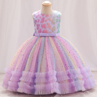 Farblich passendes Prinzessinnenkleid mit bestickten Sternenpailletten für Mädchen zum Geburtstag, Abendessen und Aufführung (der Oberkörper ist bestickt, Massenware, Schnittposition der Stickerei ist nicht einheitlich)
