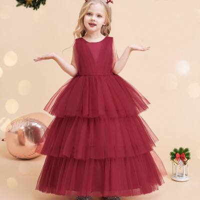 Kid Girl Solid Color Mesh Spliced Sleeveless Layered Dress