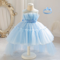Robe de princesse bouffante colorée pour filles, robe d'hôte de spectacle de dîner + bandeau (la longueur de la jupe est la longueur de la jupe avant)  Bleu clair