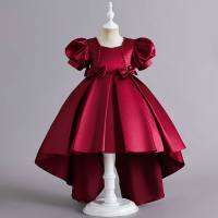 Kid Girl Solid Color Bowknot Decor Short Puff Sleeve Dress  Burgundy