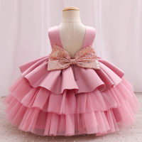 Girls solid color fluffy cake dress sequined bow dinner performance princess dress  Pink