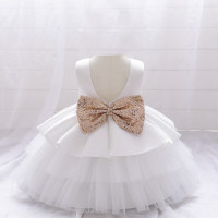 Toddler Girl Bow Decor Backless Sleeveless Formal Puffball Dress  White