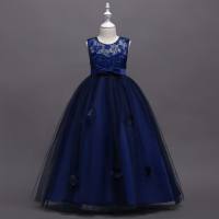 Kids Girls Bowknot Decor Mesh Princess Sleeveless Dress  Navy Blue