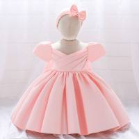 Baby Girl Beautiful Ruffle Solid Colour  Formal Dress  with Headband  Pink