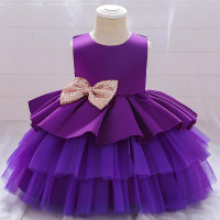 Toddler Girl Bow Decor Backless Sleeveless Formal Puffball Dress  Purple