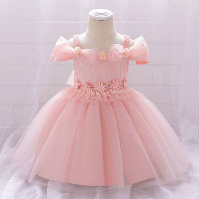Vestido de princesa con tirantes de malla de encaje floral de color sólido para bebé
