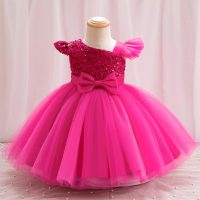 Girls Birthday Sequined Mesh Princess Dress Performance Bow Host Dress  Hot Pink