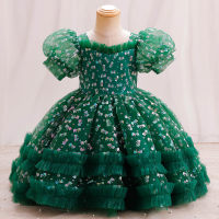 Children's printed puff sleeve puffy princess dress party dinner performance evening dress (printed skirt is printed first and then cut, so the bulk print has irregular patterns)  Green