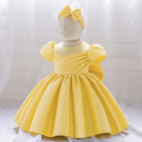 Vestido formal de color sólido con volantes hermosos para niña bebé con diadema  Amarillo