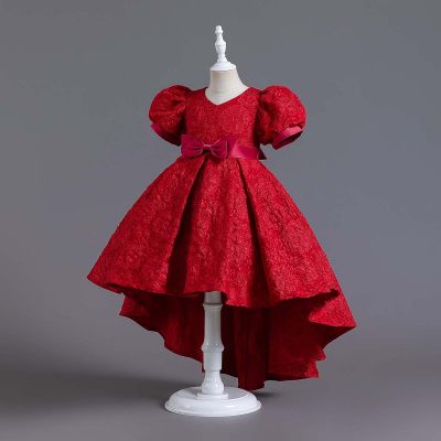 Kid Solid Color Bowknot Decor V-neck Puff Sleeve Dress