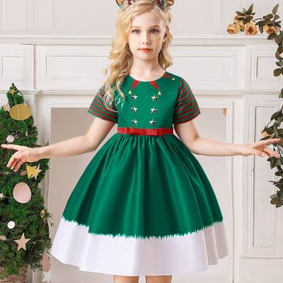 Vestido de festa de manga curta com padrão de Natal para menina infantil