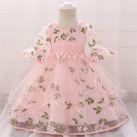 Baby Girl Floral Lace Spliced Mesh Patchwork Flare Sleeve Princess Dress  Pink