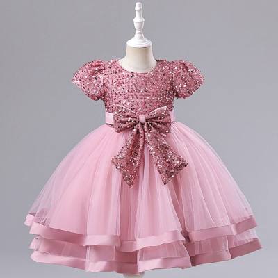 Toddler Girl Solid Color Sequin Decor Mesh Patchwork Bowknot Decor Short Sleeve Dress