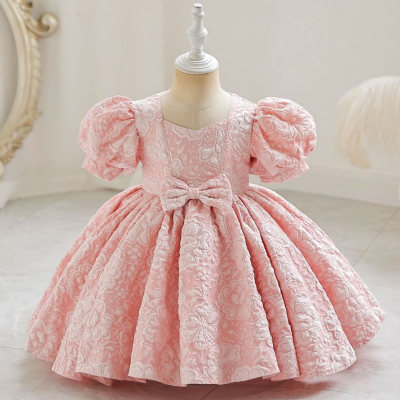 Toddler Girl Solid Color U-neck Bowknot Decor Short Puff Sleeve Dress