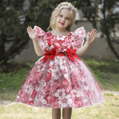 Vestido formal de malla con estampado de lazo y manga de mariposa para niñas pequeñas