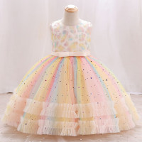 Girls color matching embroidered star sequin princess dress birthday dinner performance dress (the upper body is embroidered bulk goods cutting embroidery position is not uniform)  Champagne