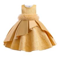 Kids Girls Bowknot  Mesh Patchwork Decorative Beads Catwalk  Princess Dress  Yellow