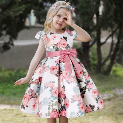 فستان بفيونكة مطبوعة وردة للفتيات الصغيرات