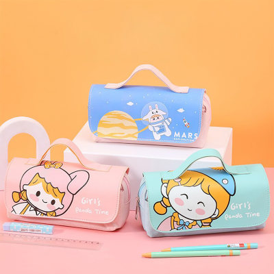 Double hand-held cartoon pen bag for primary school students cute large capacity stationery bag creative stationery