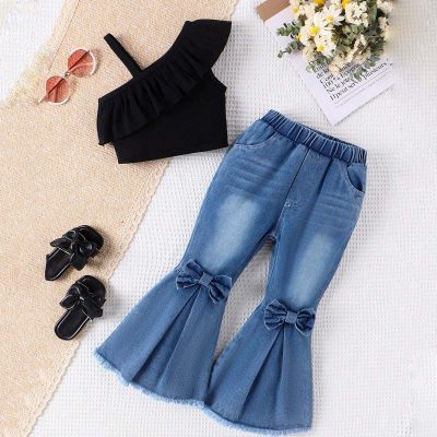 Children's off-shoulder suspenders with ruffled hem and bow-knot flared jeans