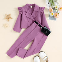 3-piece Toddler Girl Solid Color Button Front Fly Sleeve Blazer & Straight Pants & Waist Bag  Purple