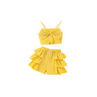 Girls suit with suspenders and pearl bowknot + cake skirt shorts  Yellow