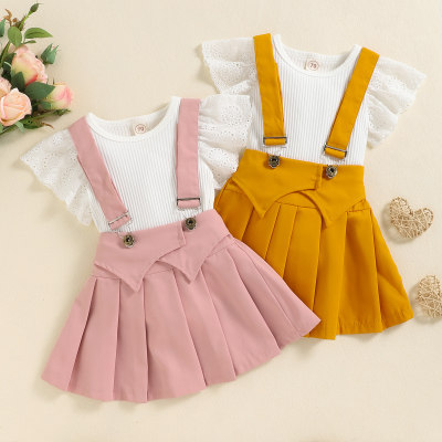 Baby Girl Solid Color Ruffle-sleeve Bodysuit & Suspender Pleated Skirt