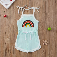 Girls' Clothing Korean Style Casual Rainbow Striped Vest Shorts One-Piece Set  Mint Green