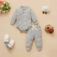 2-piece Baby Pure Cotton Allover Sun Pattern Long Sleeve Romper & Matching Pants  Gray