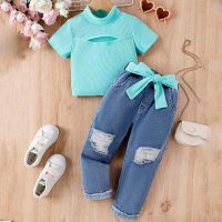 European and American summer girls suits for small and medium-sized children solid color short sleeves + bow tie trousers new suits  Light Blue