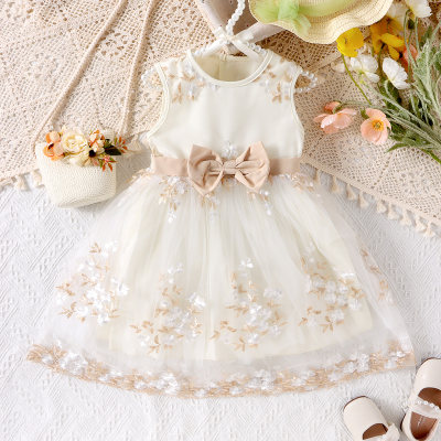 Toddler Girl Solid Color Floral Mesh Patchwork Bowknot Belted Sleeveless Dress