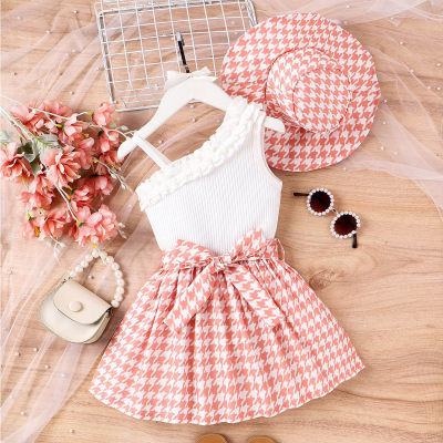 Children's clothing summer new style oblique shoulder strap stitching houndstooth print skirt dress with hat