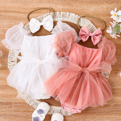 Mameluco con falda de malla y mangas abullonadas de color liso para niña bebé + pañuelo para la cabeza