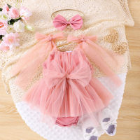 Infant and Toddler Mesh Suspender Skirt Bowknot Multicolor Tie-up Skirt Mesh Romper  Pink