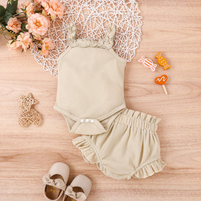 Two-color waffle suspender romper + shorts
