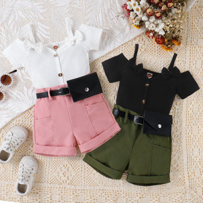 3-piece Toddler Girl Solid Color Ribbed Dew Shoulder Short Sleeve Top & Shorts & Waistbag