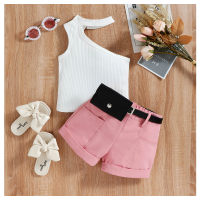Summer children's sleeveless off-shoulder striped tops with rolled-edge solid color shorts trendy girl suits  White