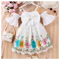 Vestido de menina bordado de malha de flor com manga curta e laço de um ombro  Branco