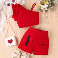 Red off-shoulder camisole top + shorts  Red
