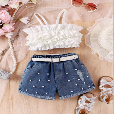 Children's clothing pleated tube top suspender top ripped denim shorts small and medium girls suit