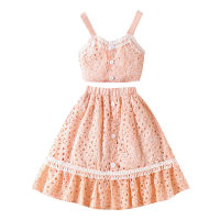 Girls' new summer suit: suspender top with hollow design + two pieces of hollow long skirt  Pink