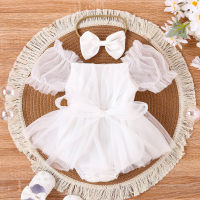 Mameluco con falda de malla y mangas abullonadas de color liso para niña bebé + pañuelo para la cabeza  Blanco
