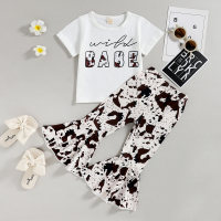 Brown short sleeves + leopard print flared pants TXF  White