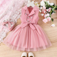 Spring and summer girls suits small and medium children's bow sleeveless mesh dress new style princess dress  Pink