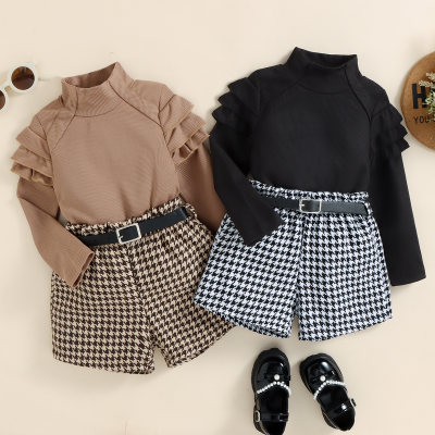 2-piece Toddler Girl Solid Color Ruffled Stand Up Collar Long Sleeve Top & Belted Houndstooth Shorts