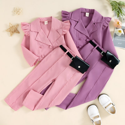 3-piece Toddler Girl Solid Color Button Front Fly Sleeve Blazer & Straight Pants & Waist Bag